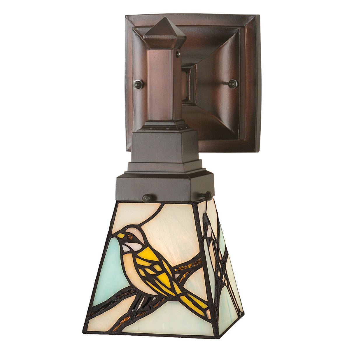Backyard Friends wall sconce highlighting the stained glass design.