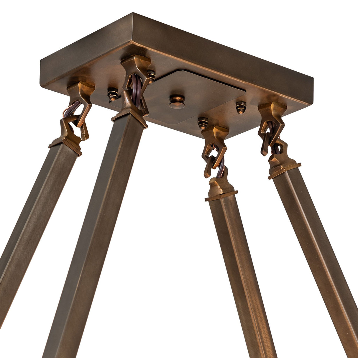 Close-up of rectangular ceiling canopy and metal suspension connections.
