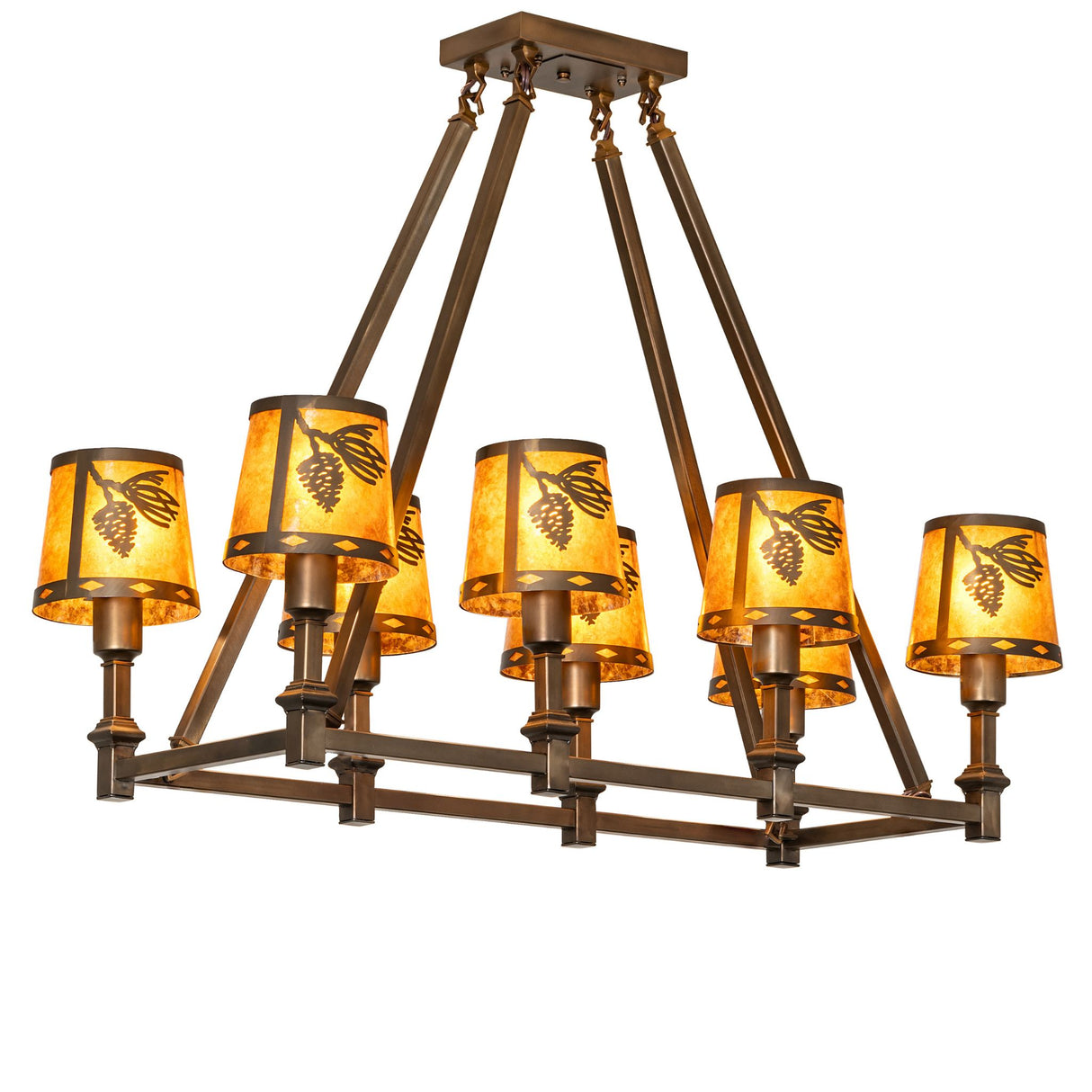 Lit view of eight-light oblong chandelier with amber mica shades illuminated.