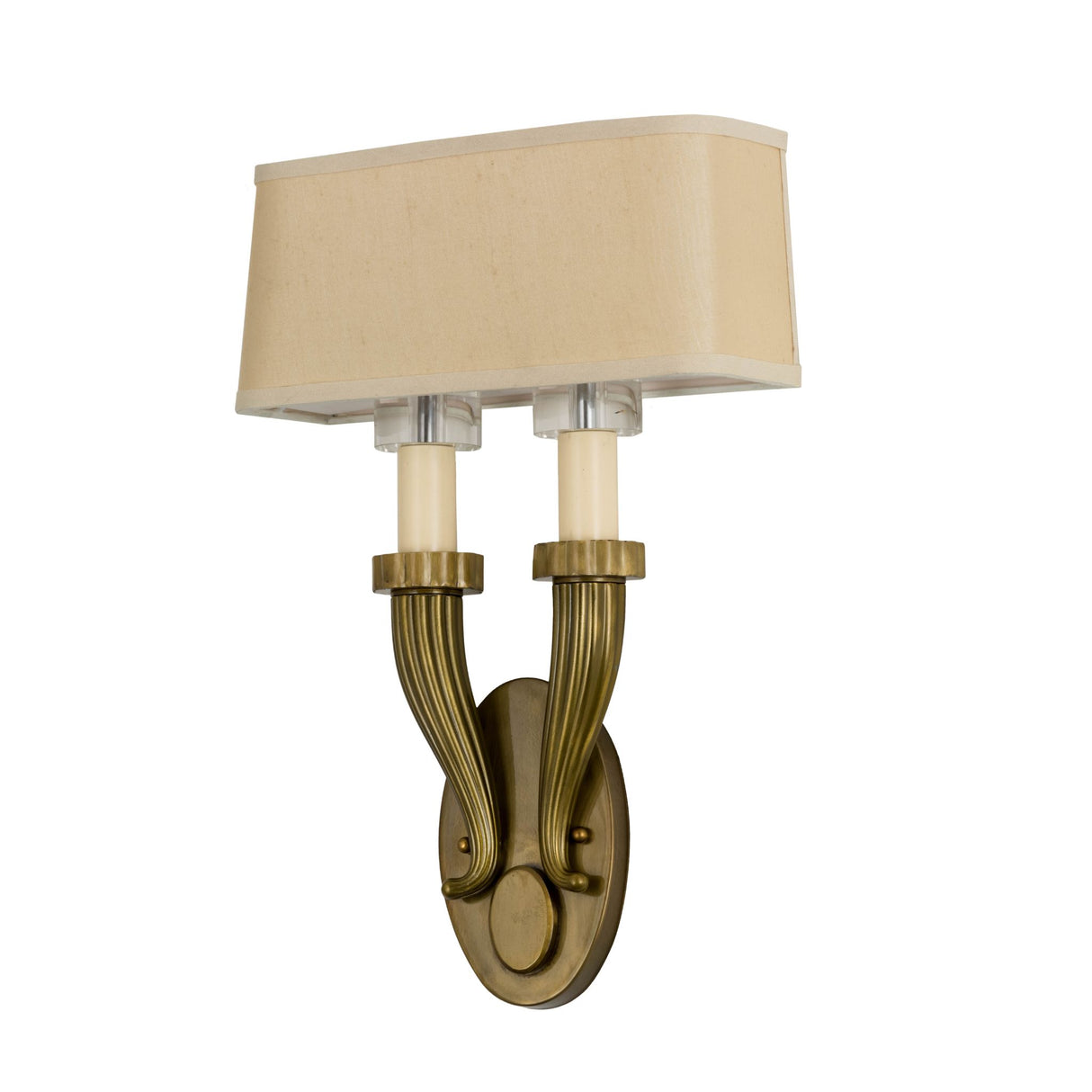 Unlit view of Bancroft 2 Light Wall Sconce showcasing brass detailing.