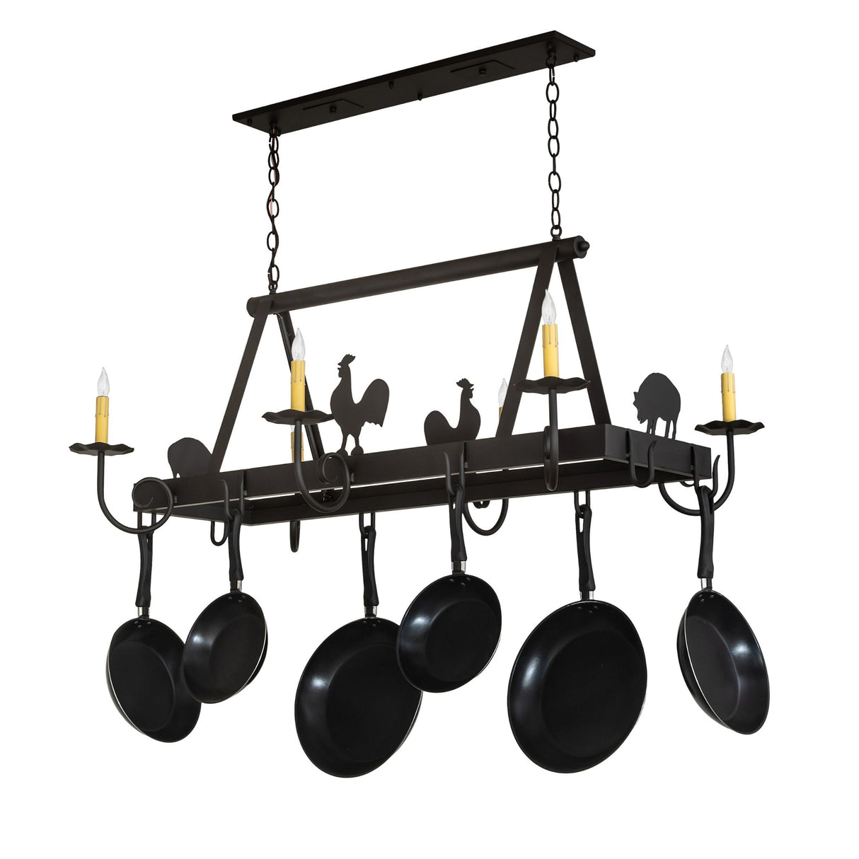 Front profile of barn animals chandelier pot rack unlit.