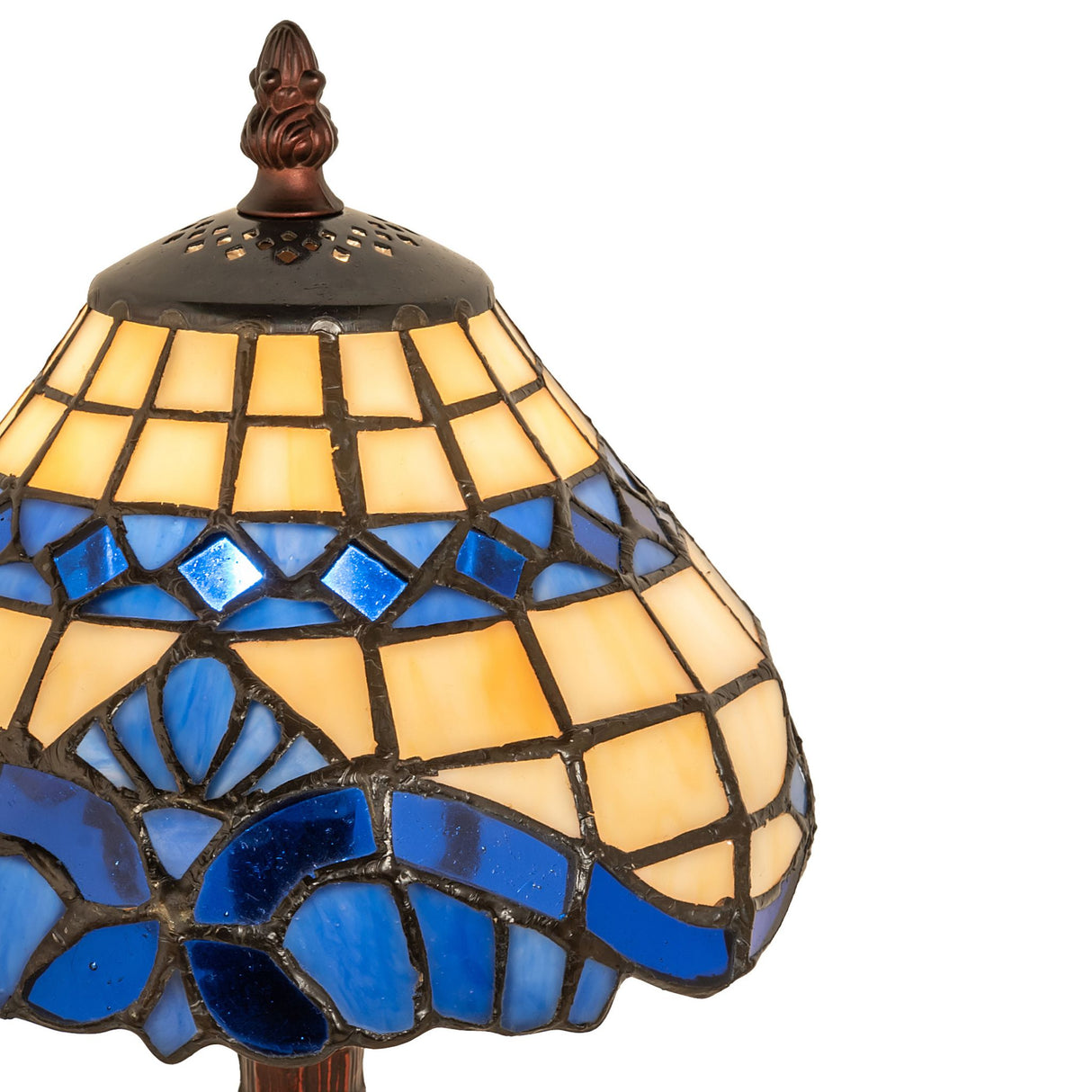 Close-up of the stained glass shade with royal blue and cream accents.