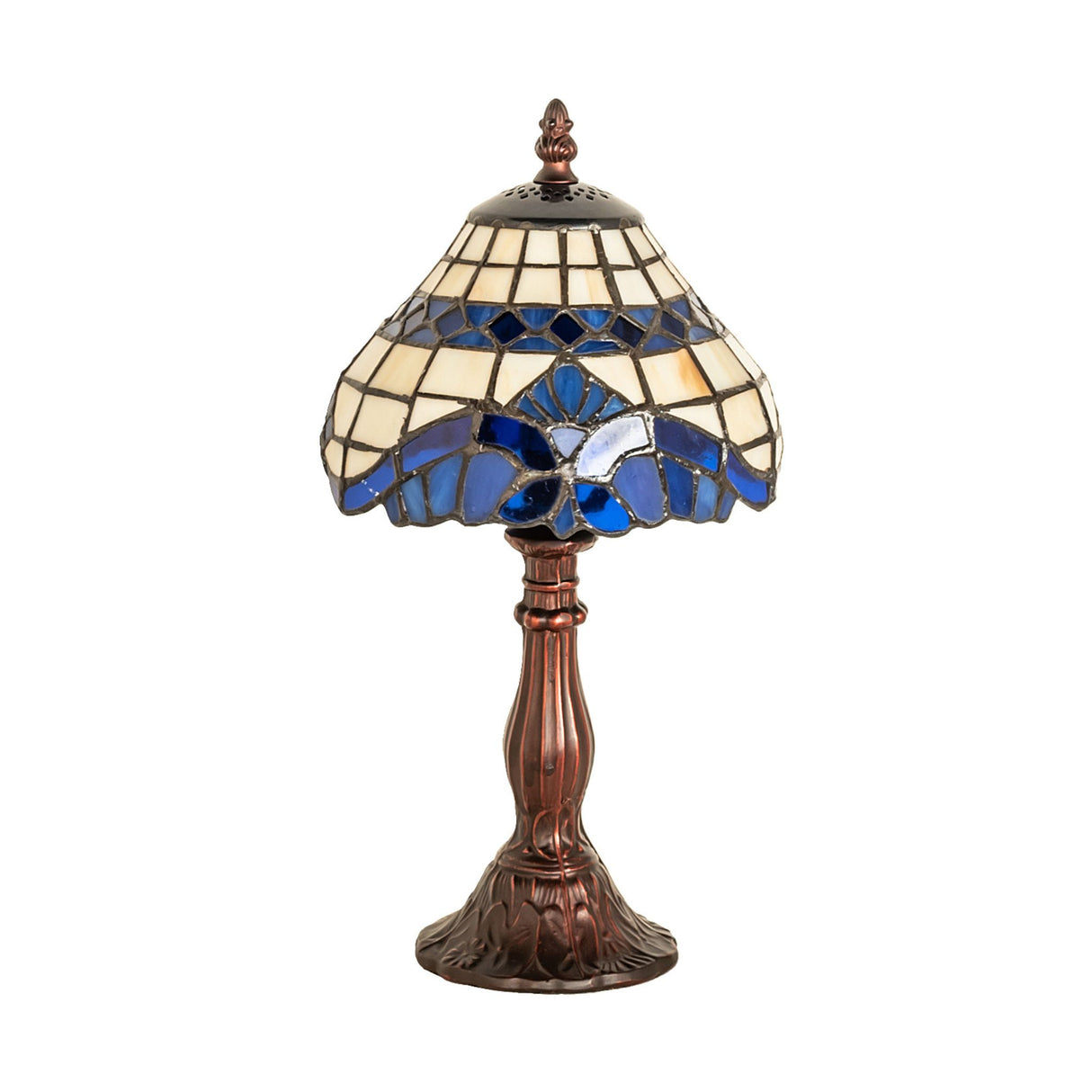 Baroque mini lamp featuring a blue Tiffany-style stained glass shade.