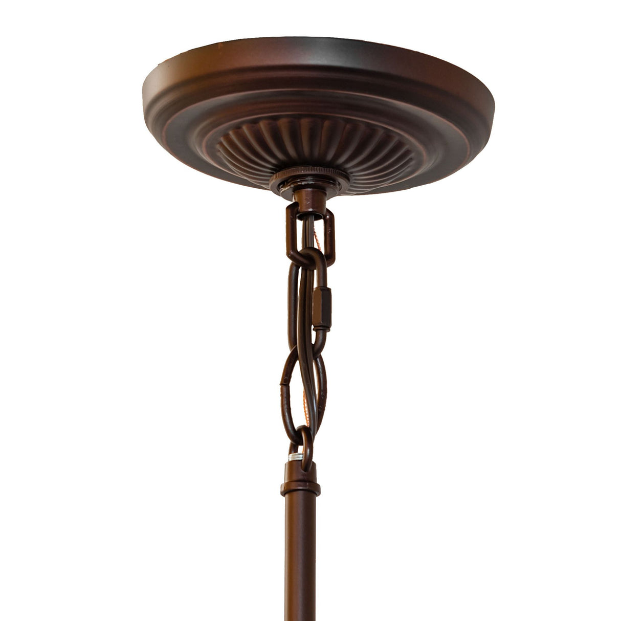 View of the ceiling mount and metal hardware of the Baroque mini pendant.