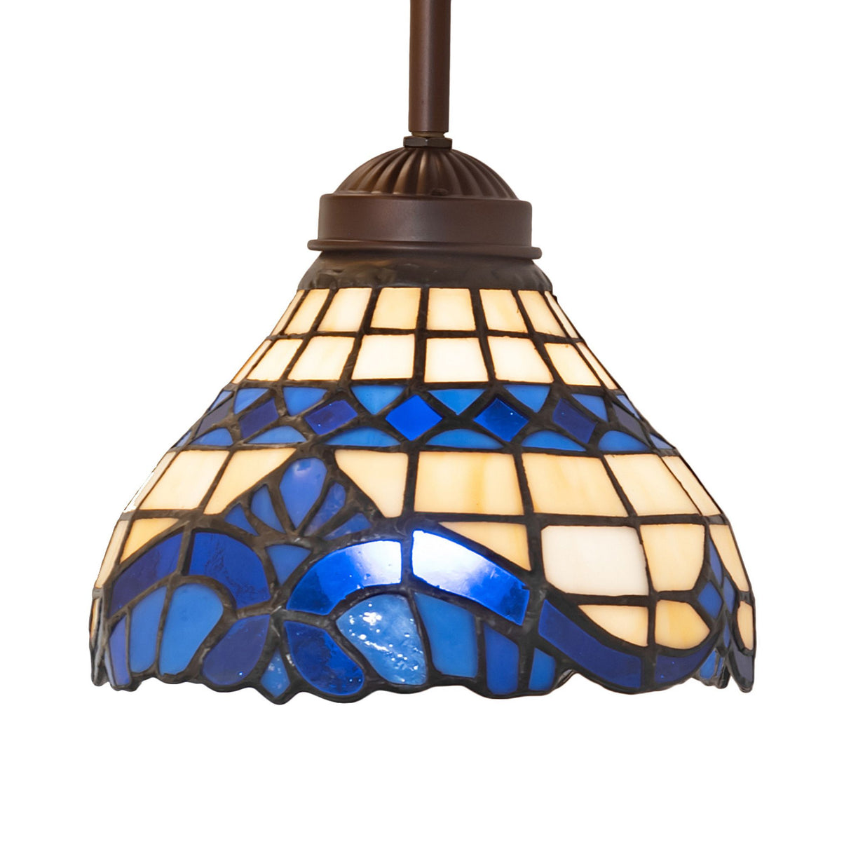 Elegant Baroque mini pendant with blue and beige stained glass design.
