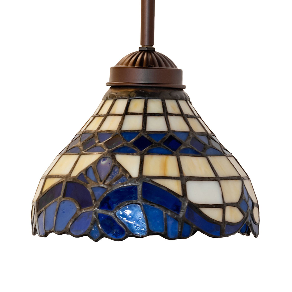 Unlit view of Baroque mini pendant highlighting intricate stained glass.