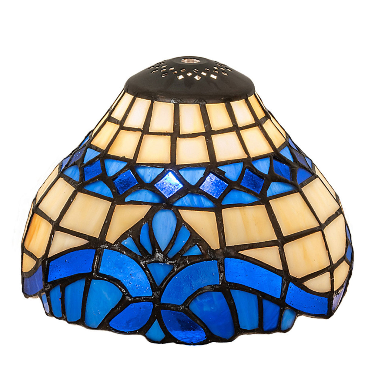 Front view of the Baroque stained glass shade in blue and beige.