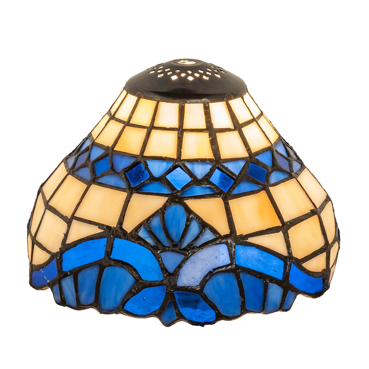 Illuminated view of the Baroque shade highlighting its vibrant glasswork.