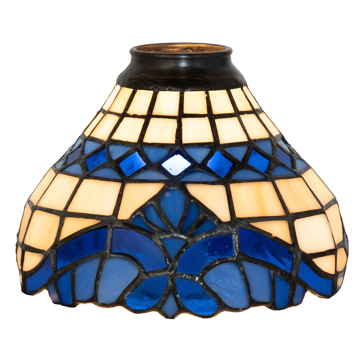 Illuminated Baroque shade with a rich blue and beige stained glass design.