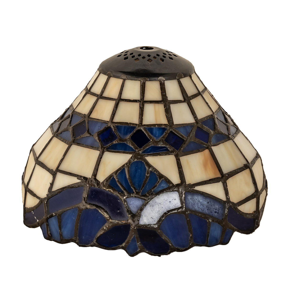 Unlit view of the Baroque shade with blue scrollwork and beige glass.