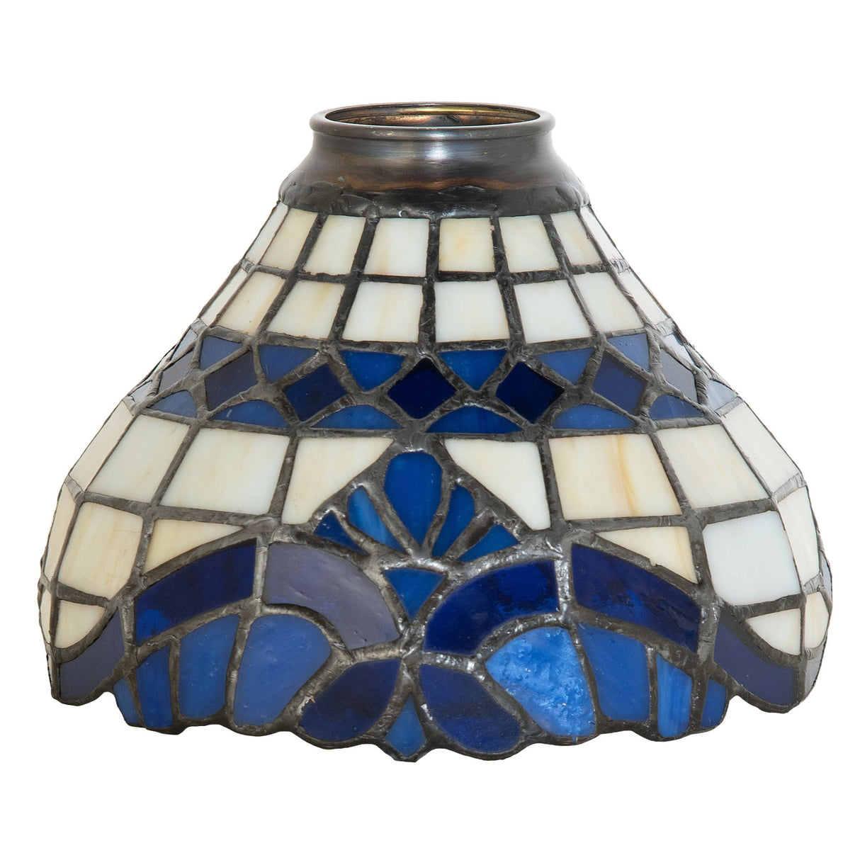 Unlit Baroque shade showcasing intricate blue and beige glasswork.
