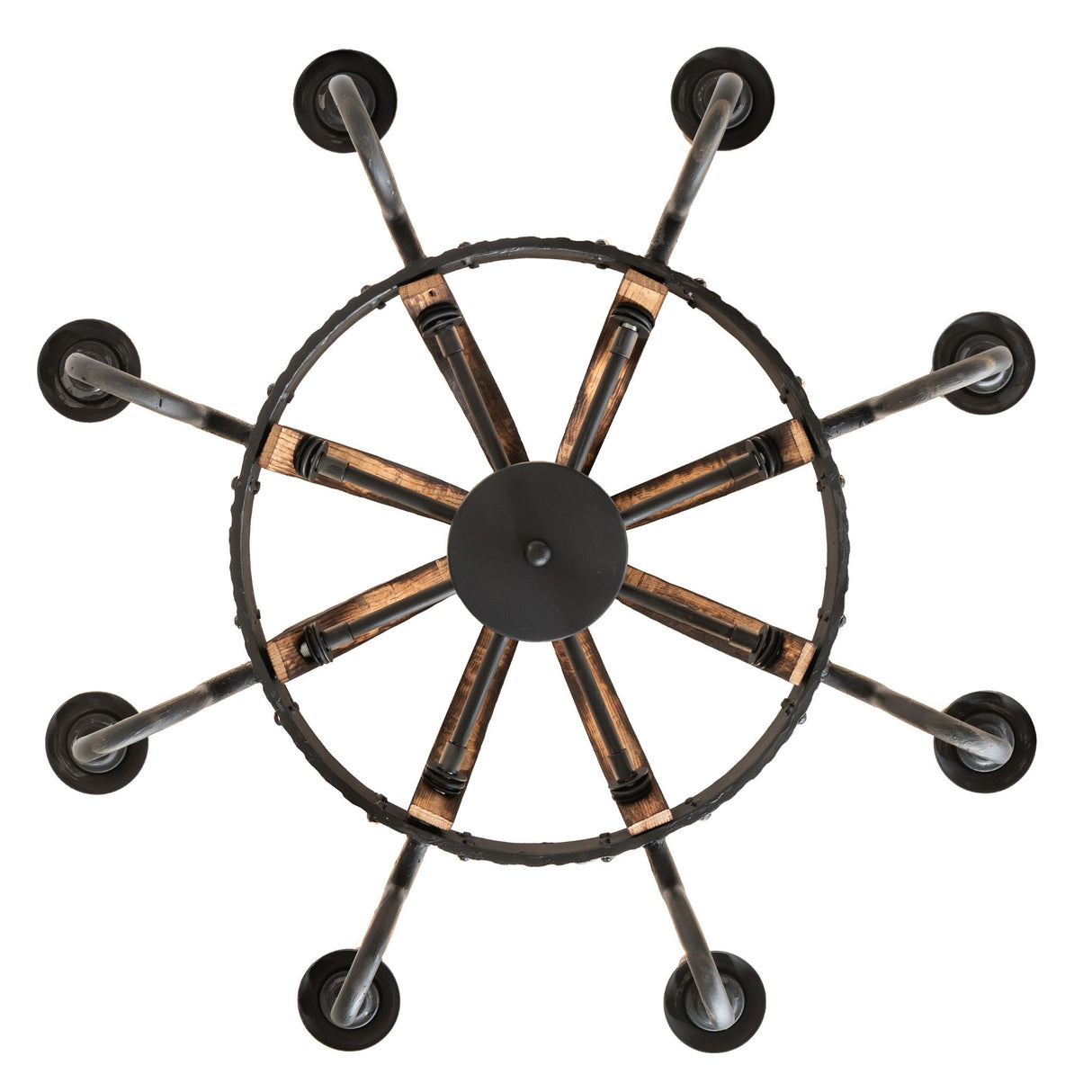 Direct bottom view of chandelier revealing circular frame and evenly spaced candle arms.