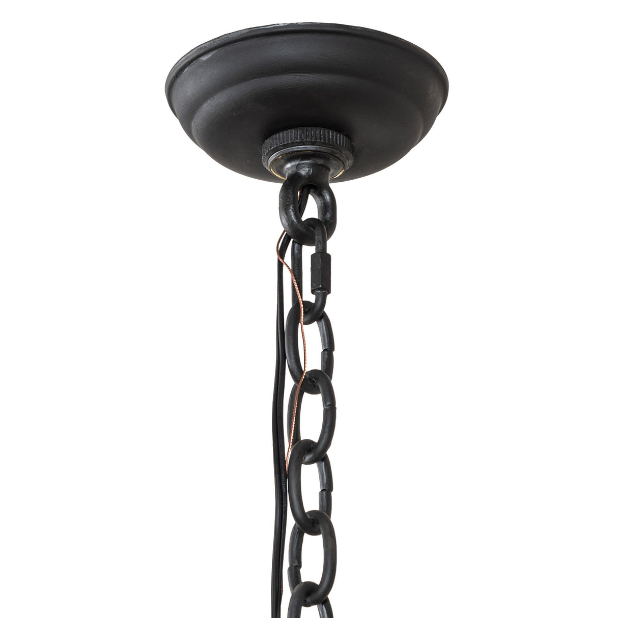 Ceiling canopy and adjustable chain in dark rustic metal finish.