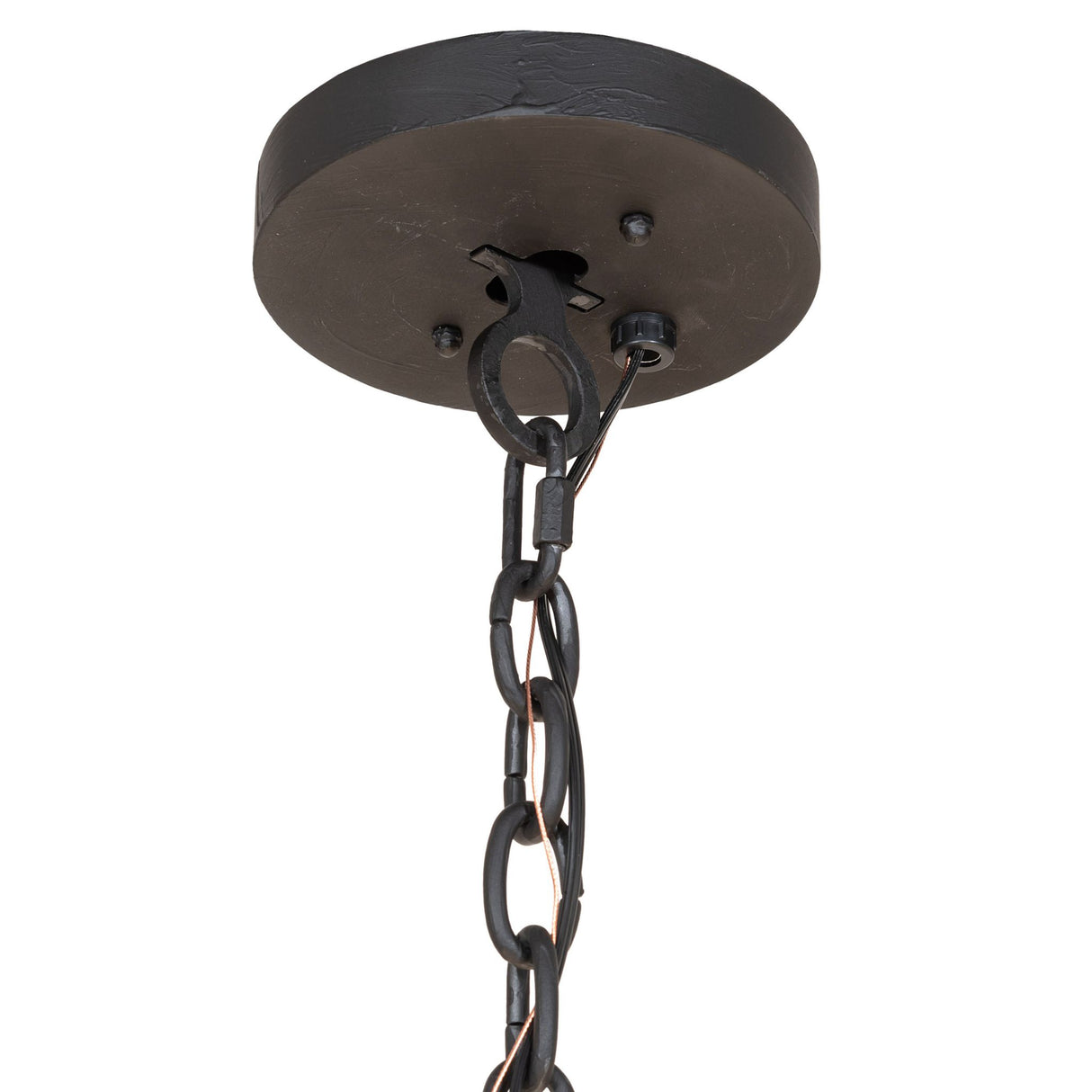 Ceiling canopy with round black canopy, chain, mounting hardware, and cord entry detail.