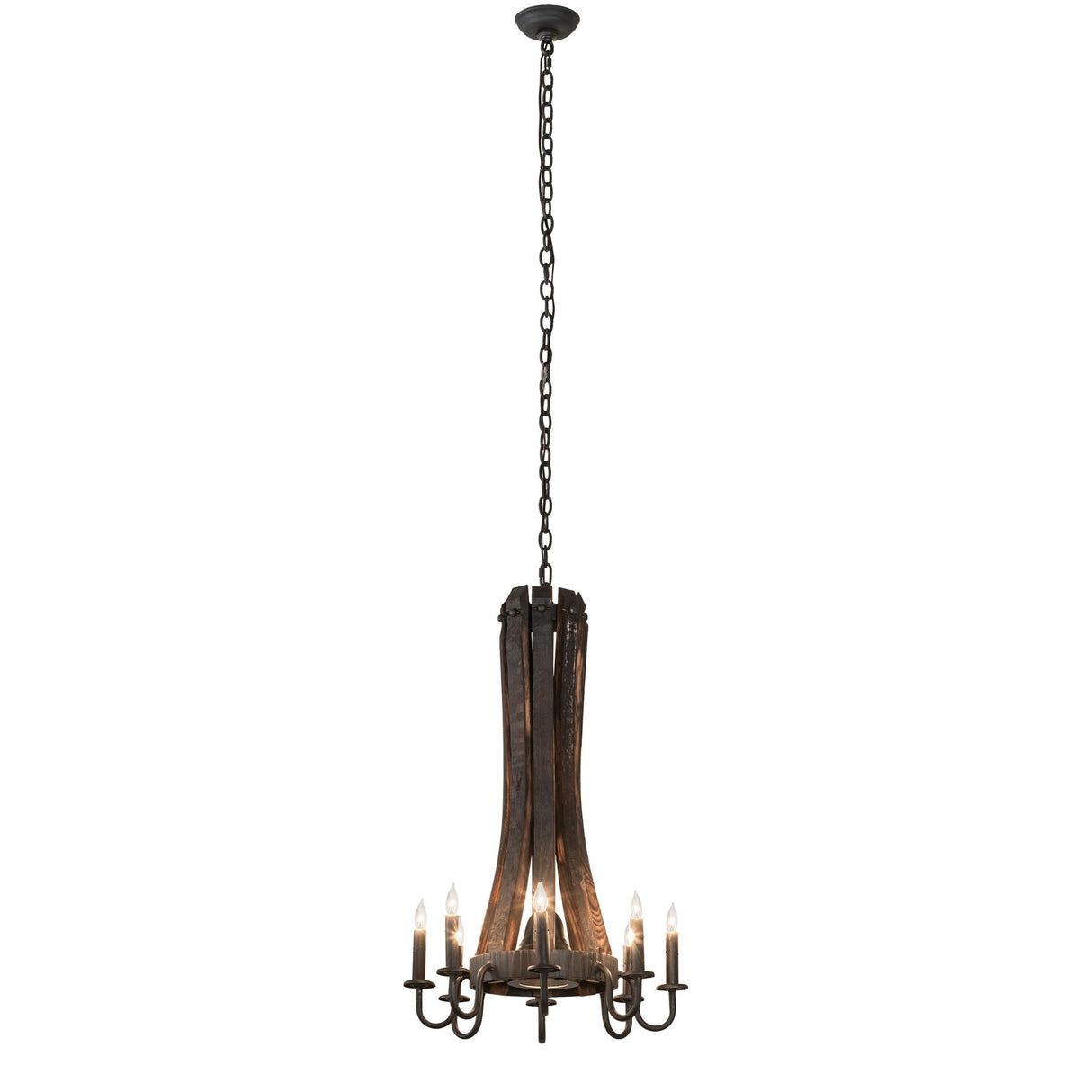 Full hanging view with adjustable chain and vertical barrel stave design.