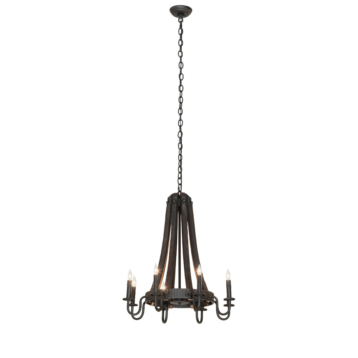 Full view of 8-light chandelier with chain suspension, rustic wood staves, and metal accents.