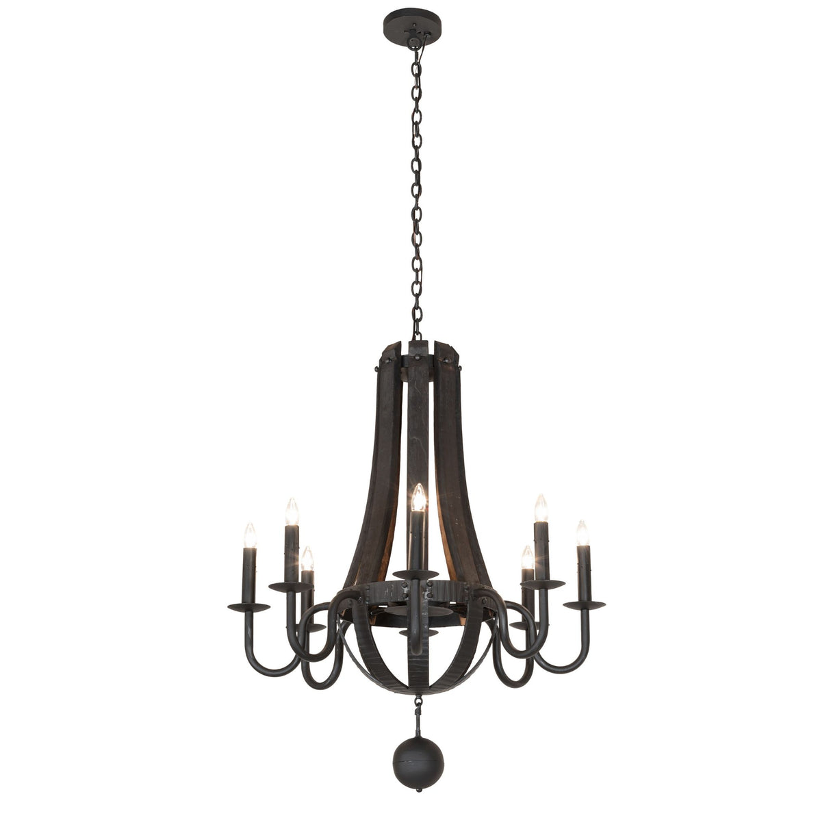 Full view of 8 light chandelier with rustic wood staves, curved metal arms, and hanging orb accent.