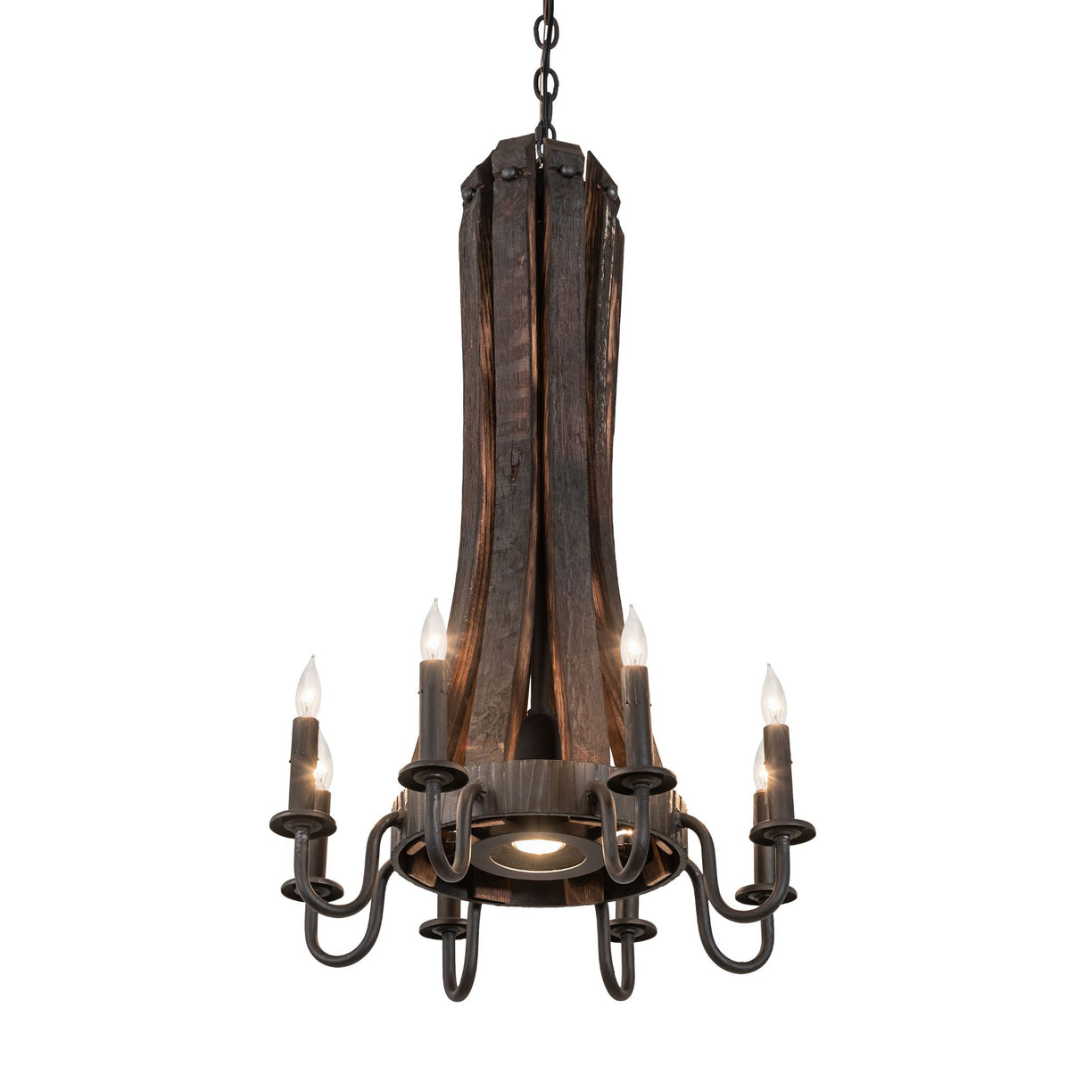 Lit view of rustic chandelier with charred wood staves and faux candlelights.