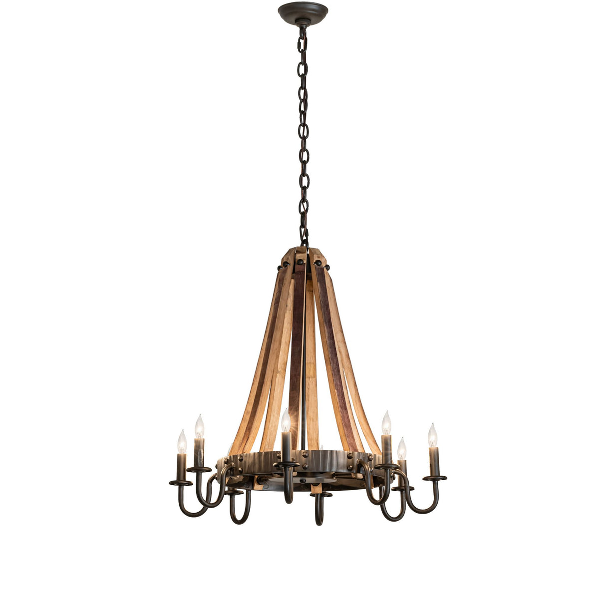Lit view of Barrel Stave Madera 8-light chandelier with wood staves.