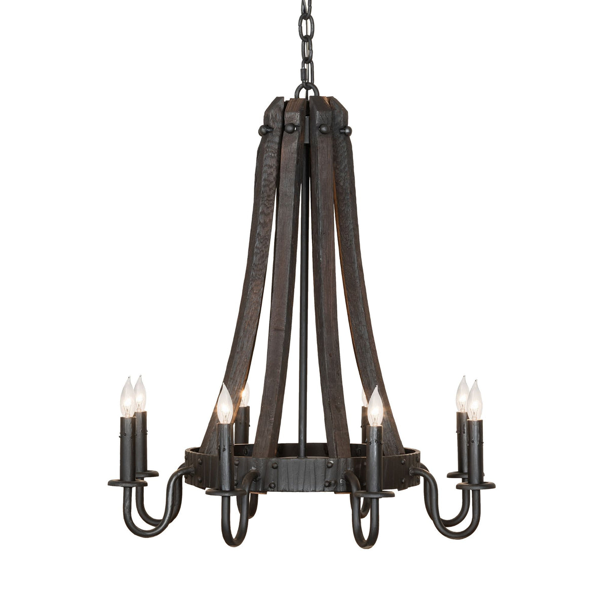 Side view of chandelier displaying curved metal arms and rustic wood stave construction.
