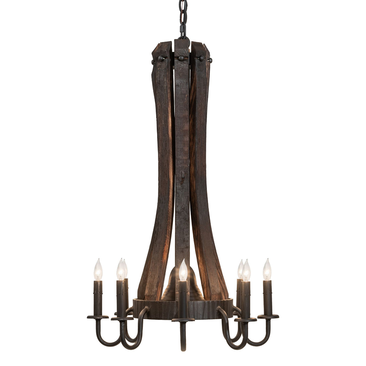 Side view emphasizing curved metal arms and wood stave column.