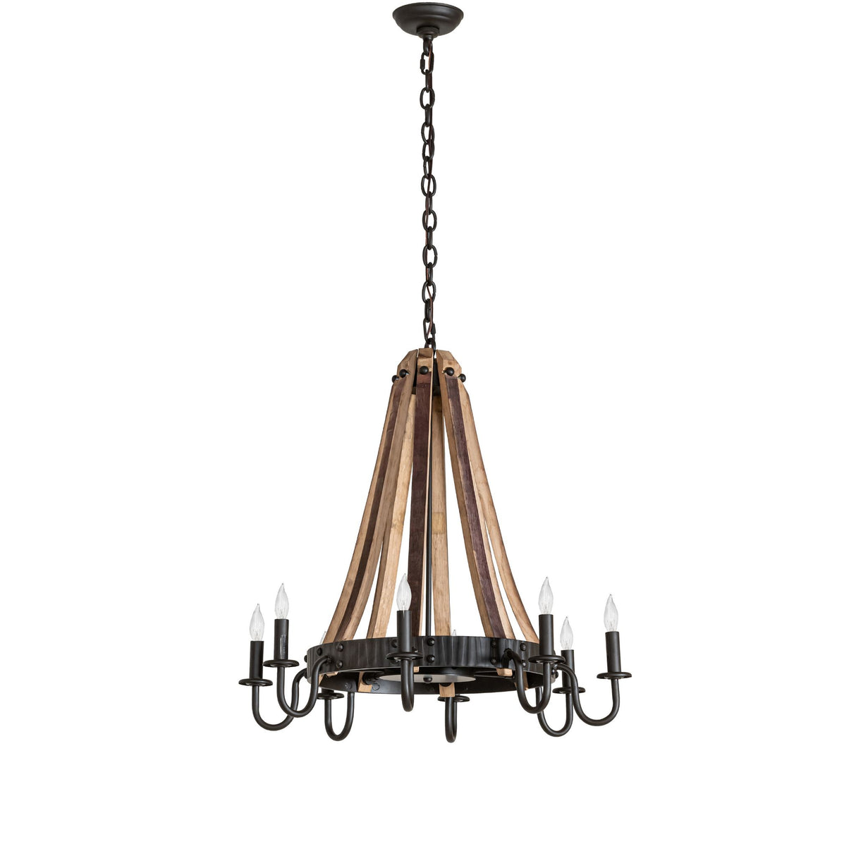 Unlit view of Barrel Stave Madera chandelier with wood staves.