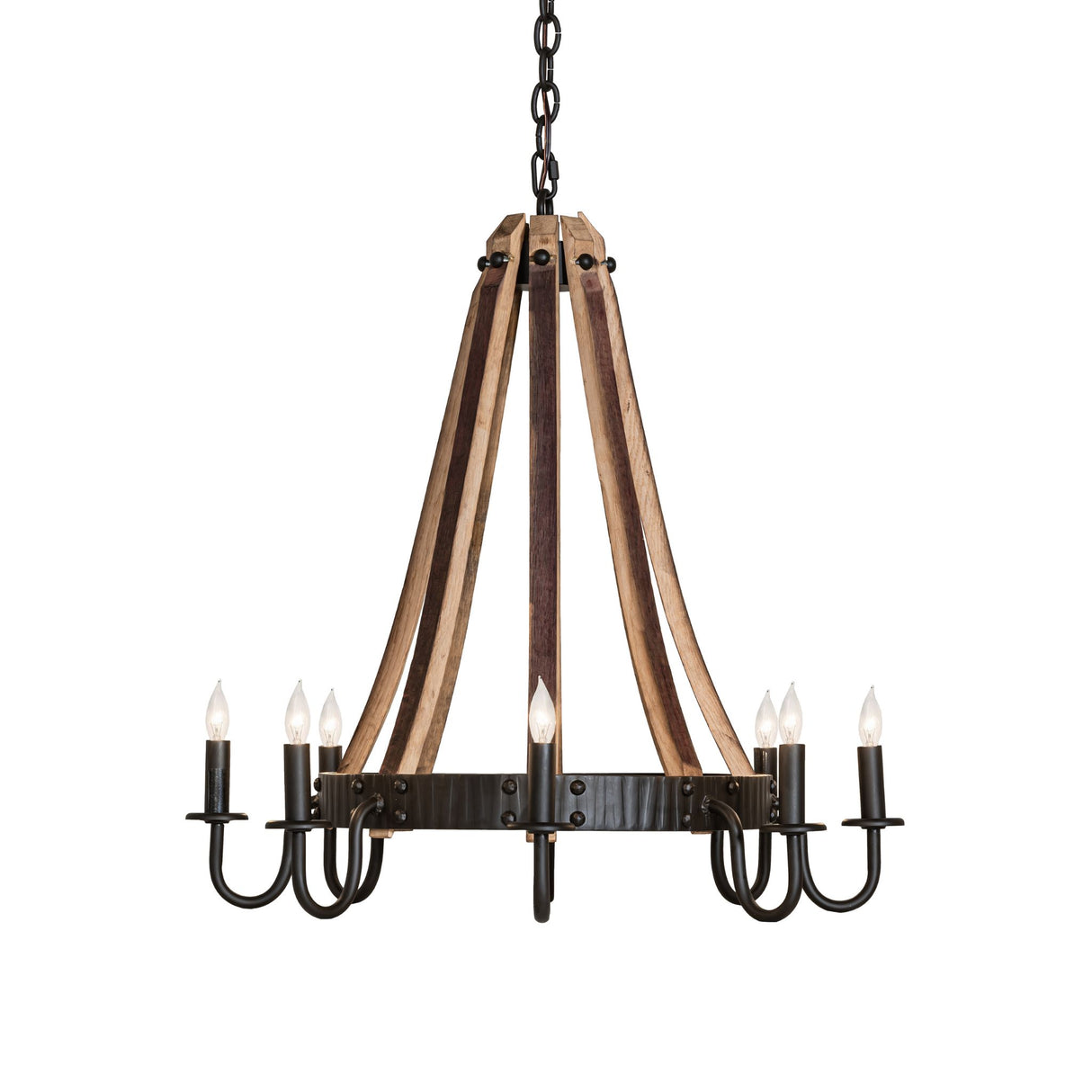 Front view of Barrel Stave Madera chandelier design.