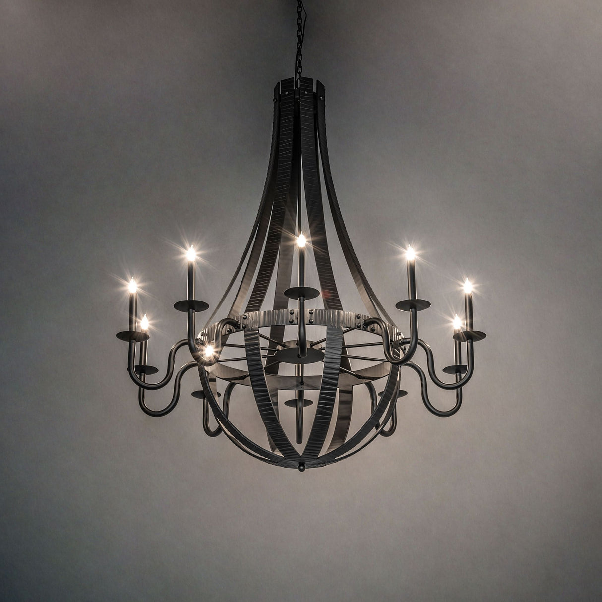 Ambient view of 10 light chandelier illuminated in a warm ambient interior setting.
