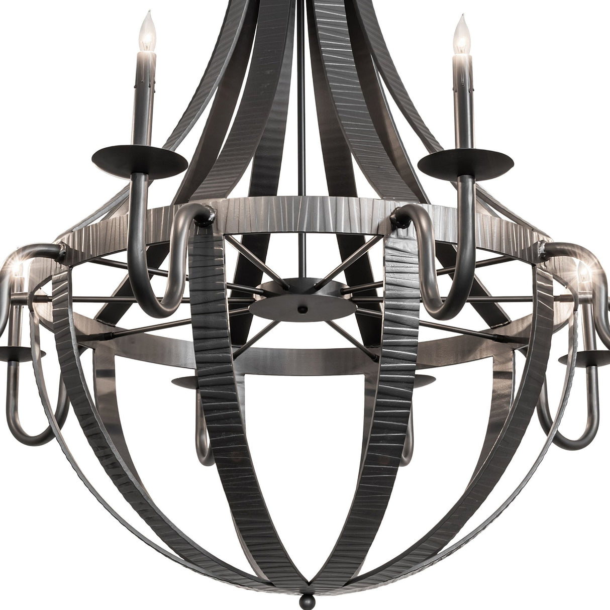 Close-up of curved metal arm and bobeche on the Barrel Stave Metallo chandelier.