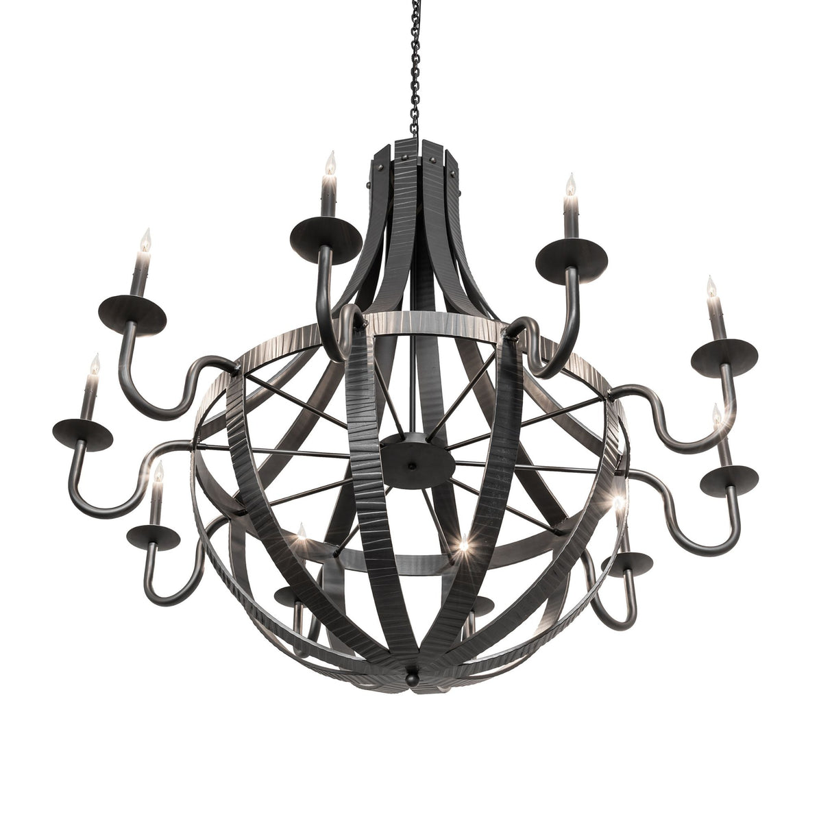 Bottom angle view of the chandelier with curved arms and circular frame.
