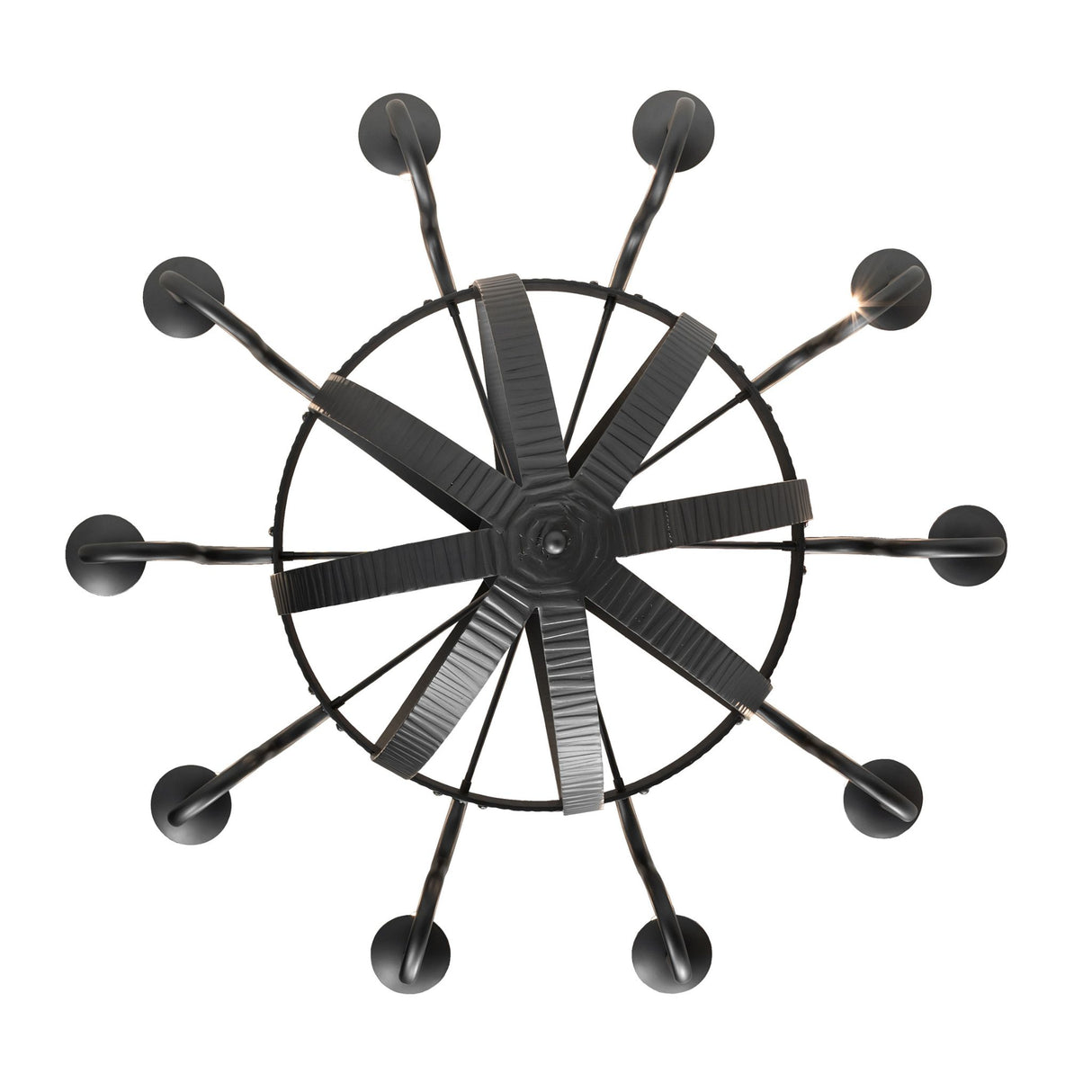Direct bottom view of chandelier showing symmetrical candle layout and inner frame.
