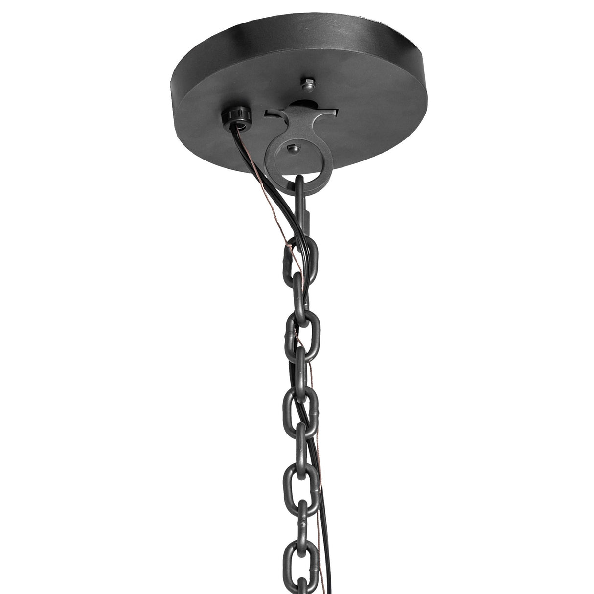 Closeup view of ceiling canopy and adjustable chain detail of the chandelier.