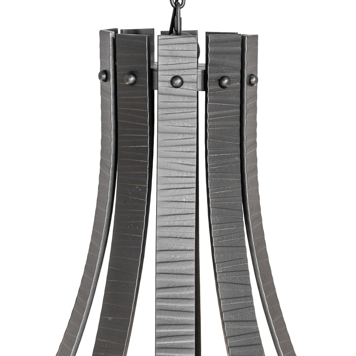 Detail view of hammered wrought iron bands inspired by barrel staves.