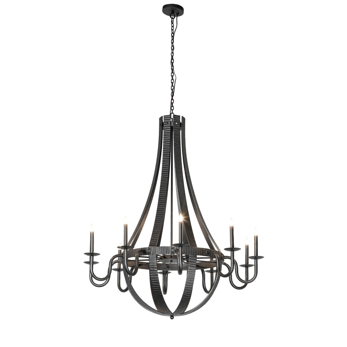 Full view of 10 light chandelier showing barrel-inspired metal bands and candle-style arms.