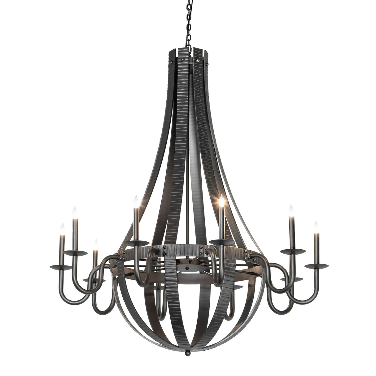 Lit view of 10 light chandelier showing illuminated candle-style lights and metal frame.