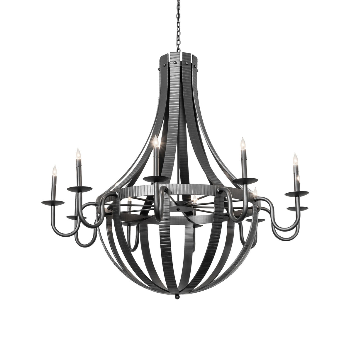 Lit view of the 10-light chandelier with warm candle-style illumination.