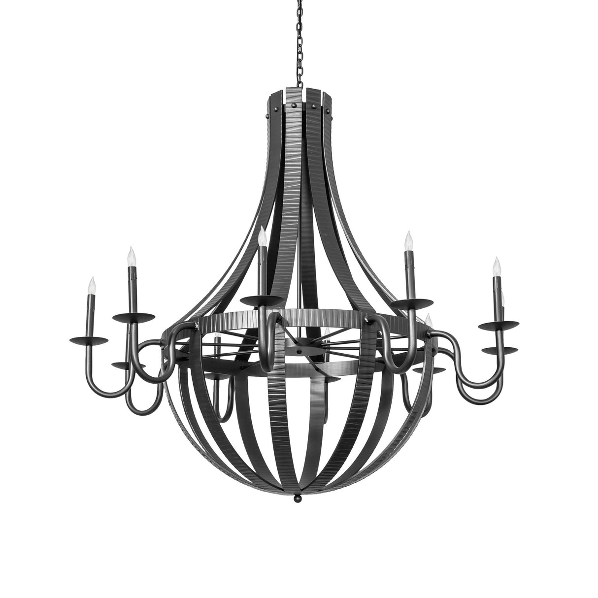 Unlit view of the 10-light chandelier highlighting barrel-inspired metal design.