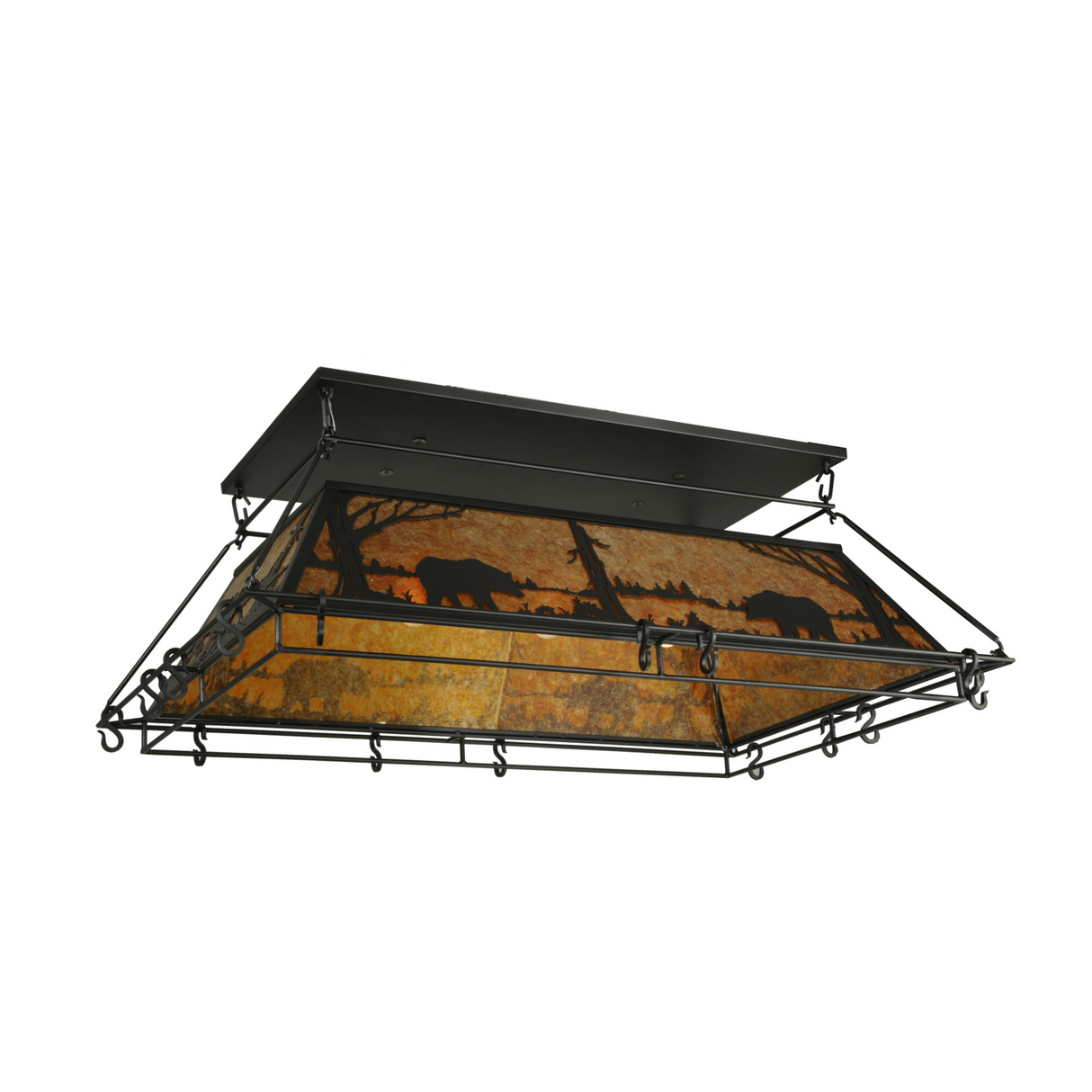 Bottom angled view of Bear at Lake chandelier showing metal hooks.