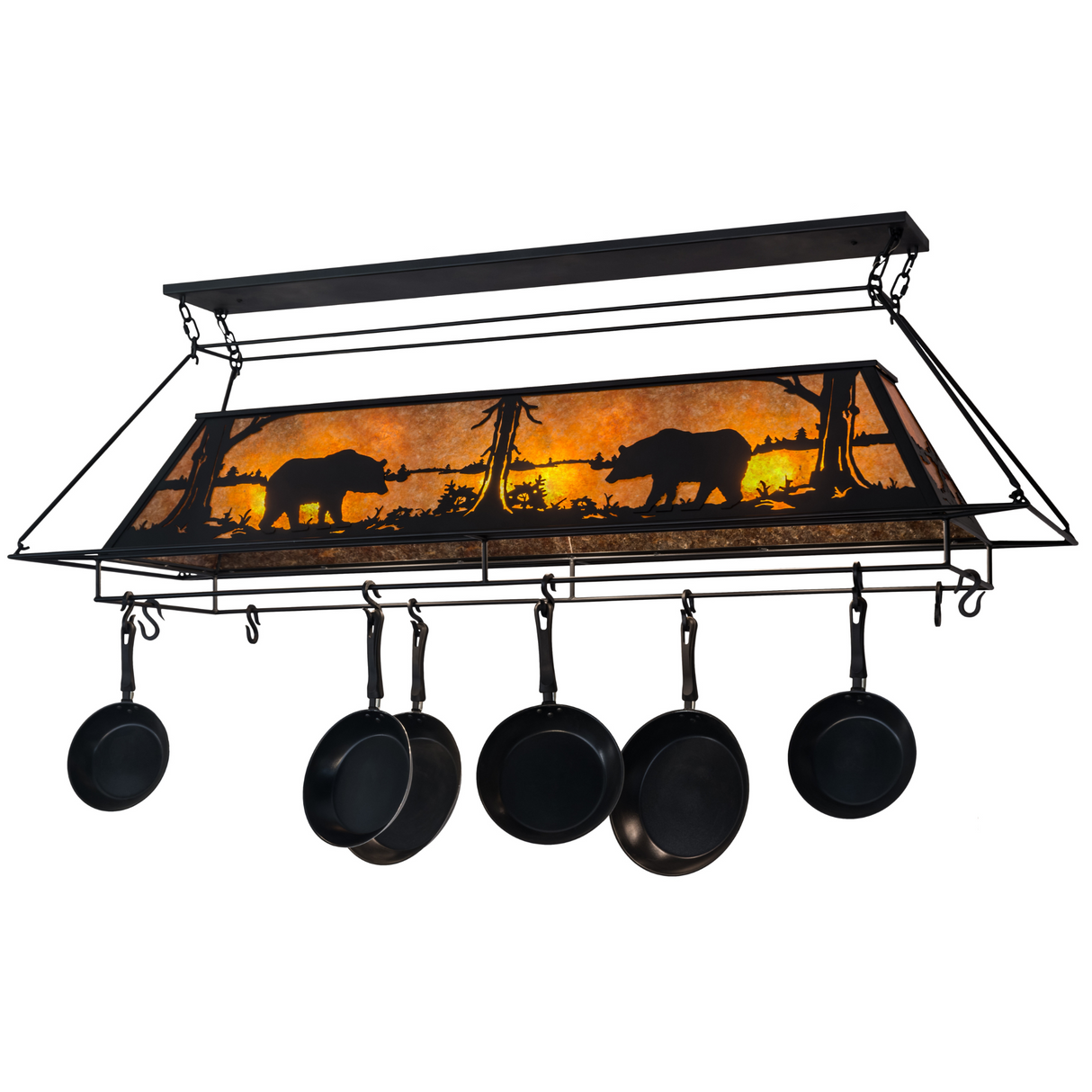 72" Bear at Lake pot rack chandelier lit, angled front view.