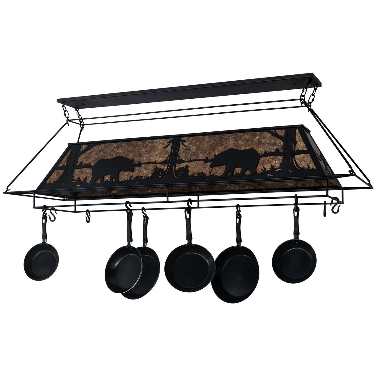 72" Bear at Lake pot rack chandelier unlit, angled front view.