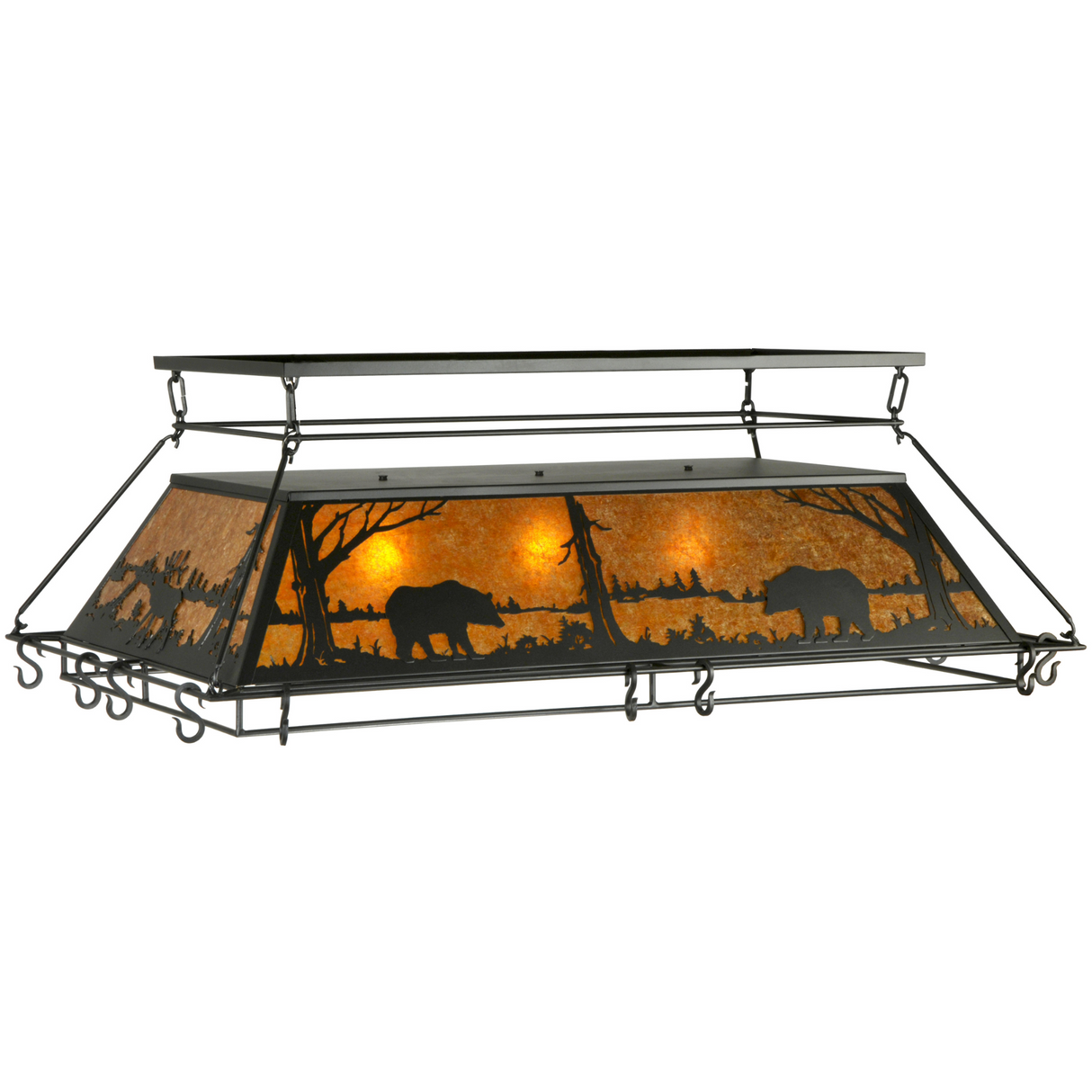 Front angled view of Bear at Lake pot rack chandelier glowing warm amber.