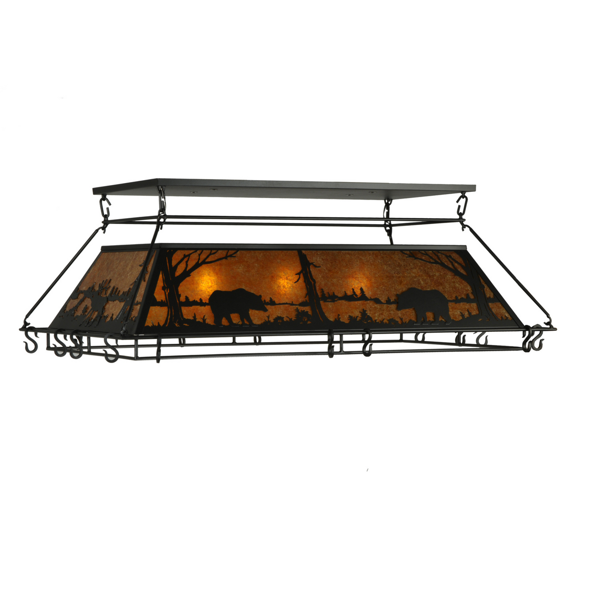 Rustic Bear at Lake pot rack side angled view with forest scene.