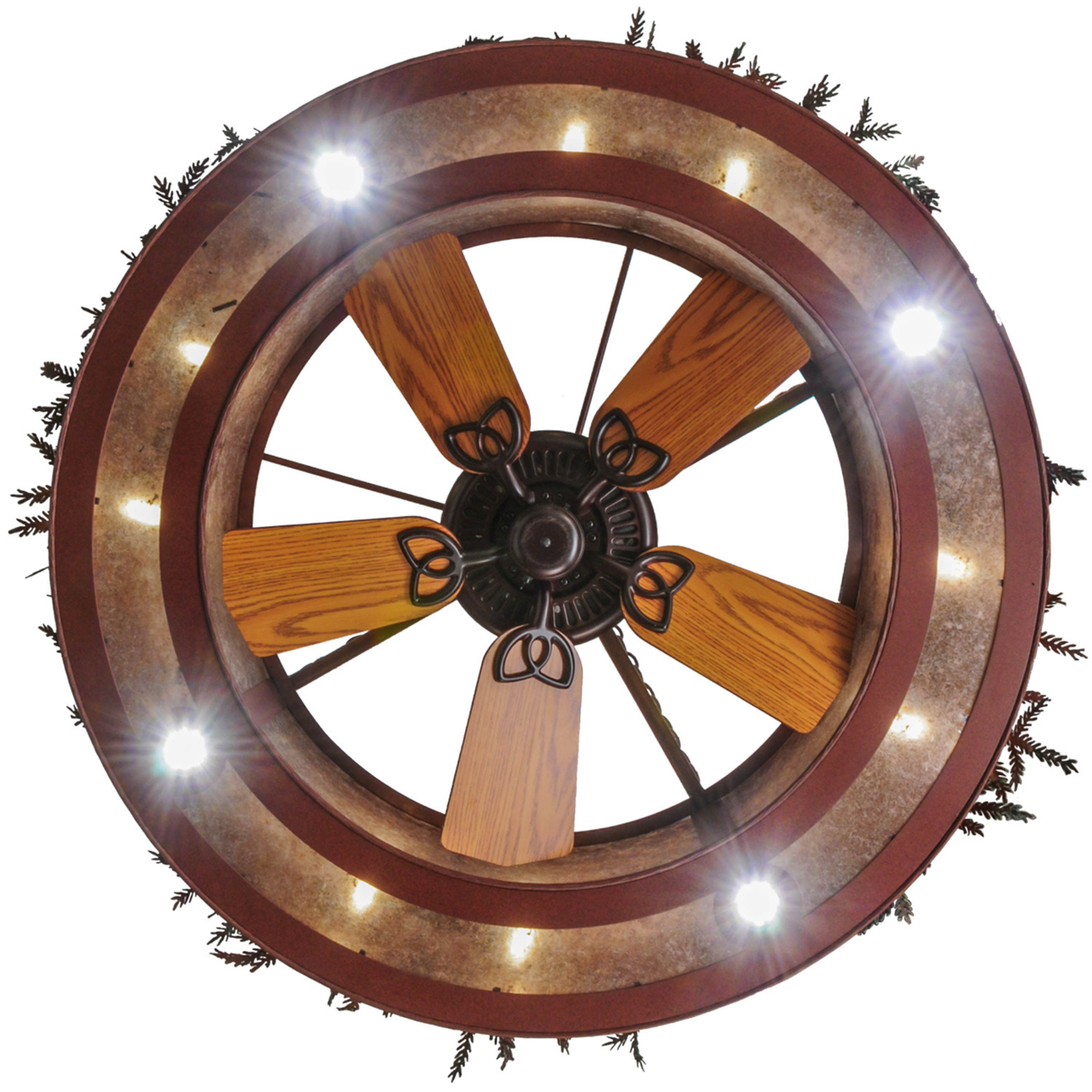 Bottom lit view showing wooden fan blades and glowing mica panels.