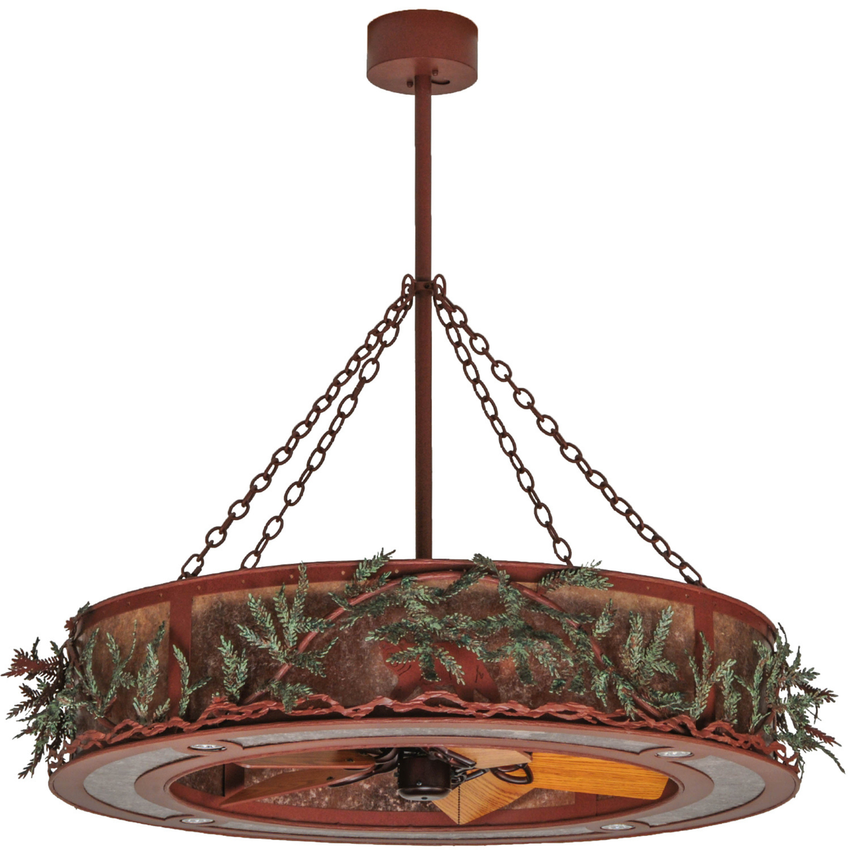 Front unlit view showing rustic pine detailing and bronze finish.