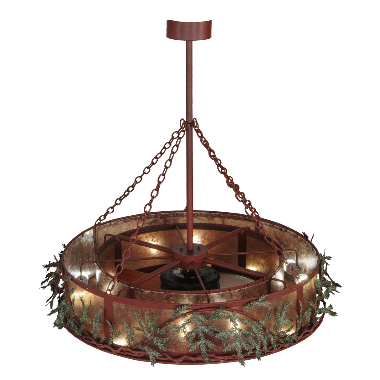 Top angled lit view revealing bronze frame and pine leaf motifs.
