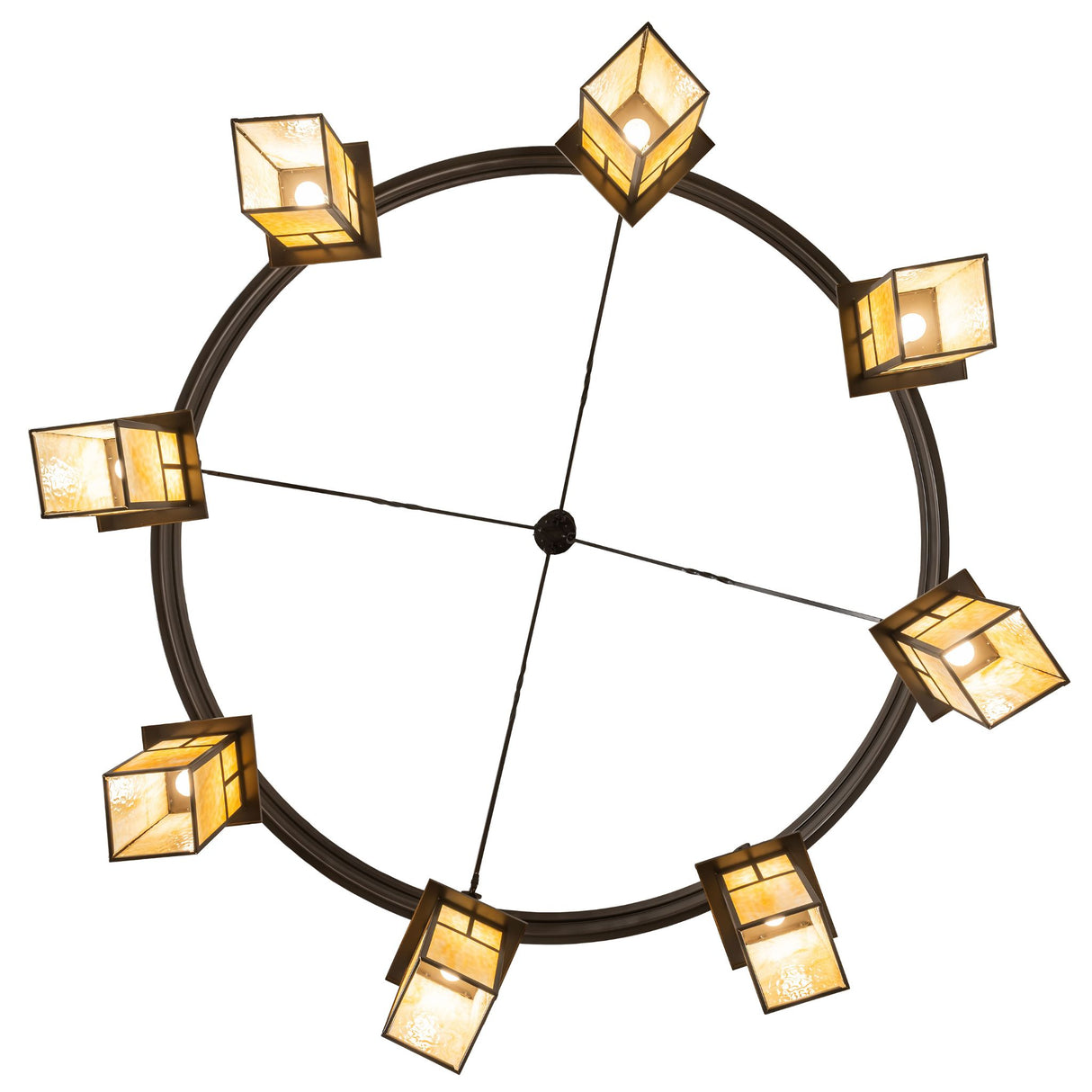 Bottom view showing lantern spacing on Beartooth T Mission chandelier.