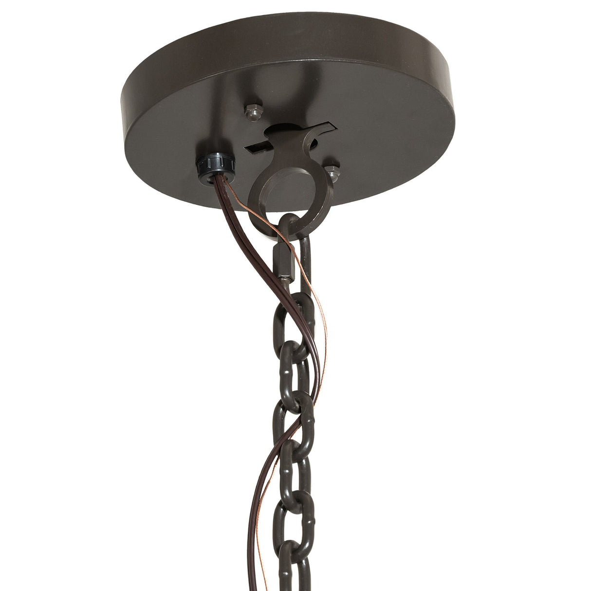 Ceiling canopy and adjustable chain detail of chandelier.