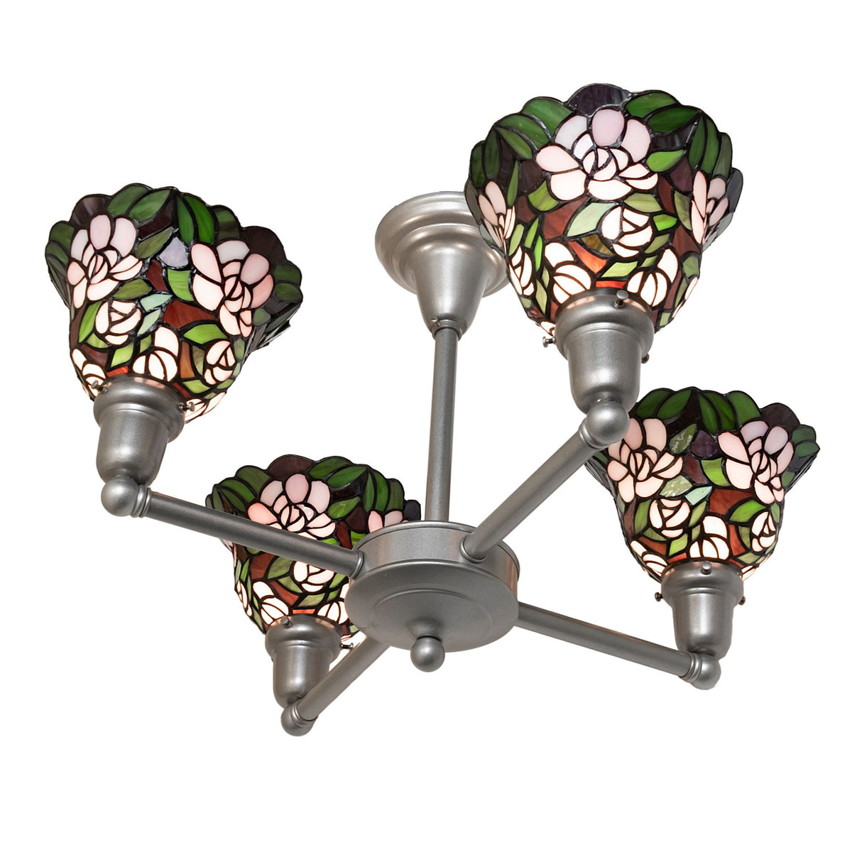 Bottom angle view of 4 light chandelier highlighting floral glass and metal framework.