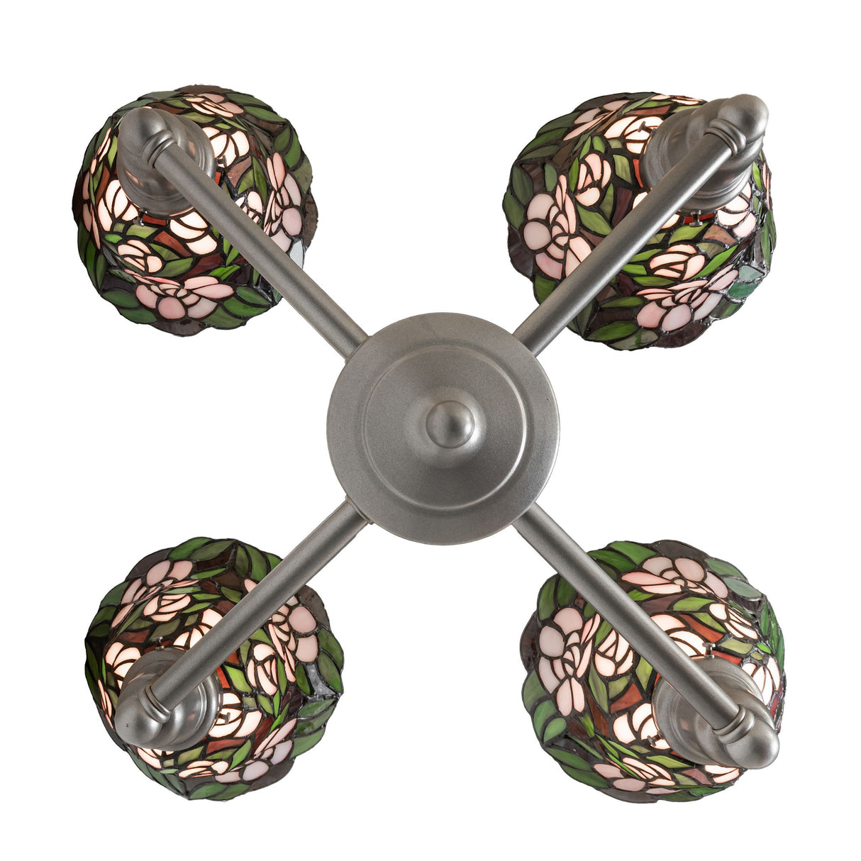Bottom view of 4 light chandelier showing symmetrical arm layout and glass shades.