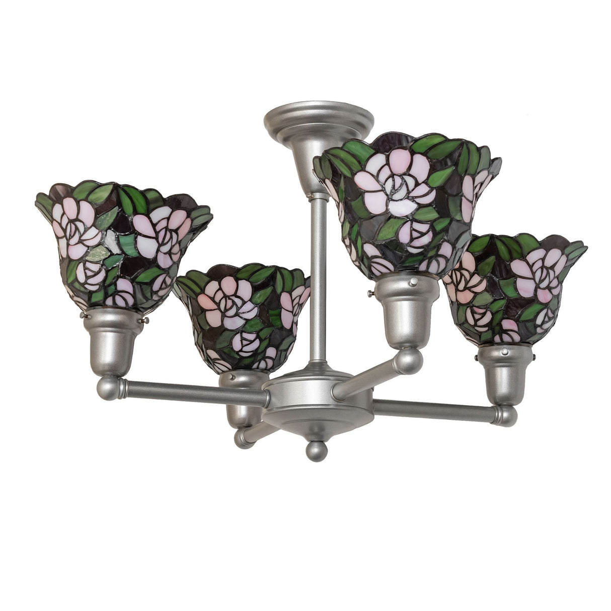 Unlit view of 4 light chandelier showing pink and green stained glass floral shades.